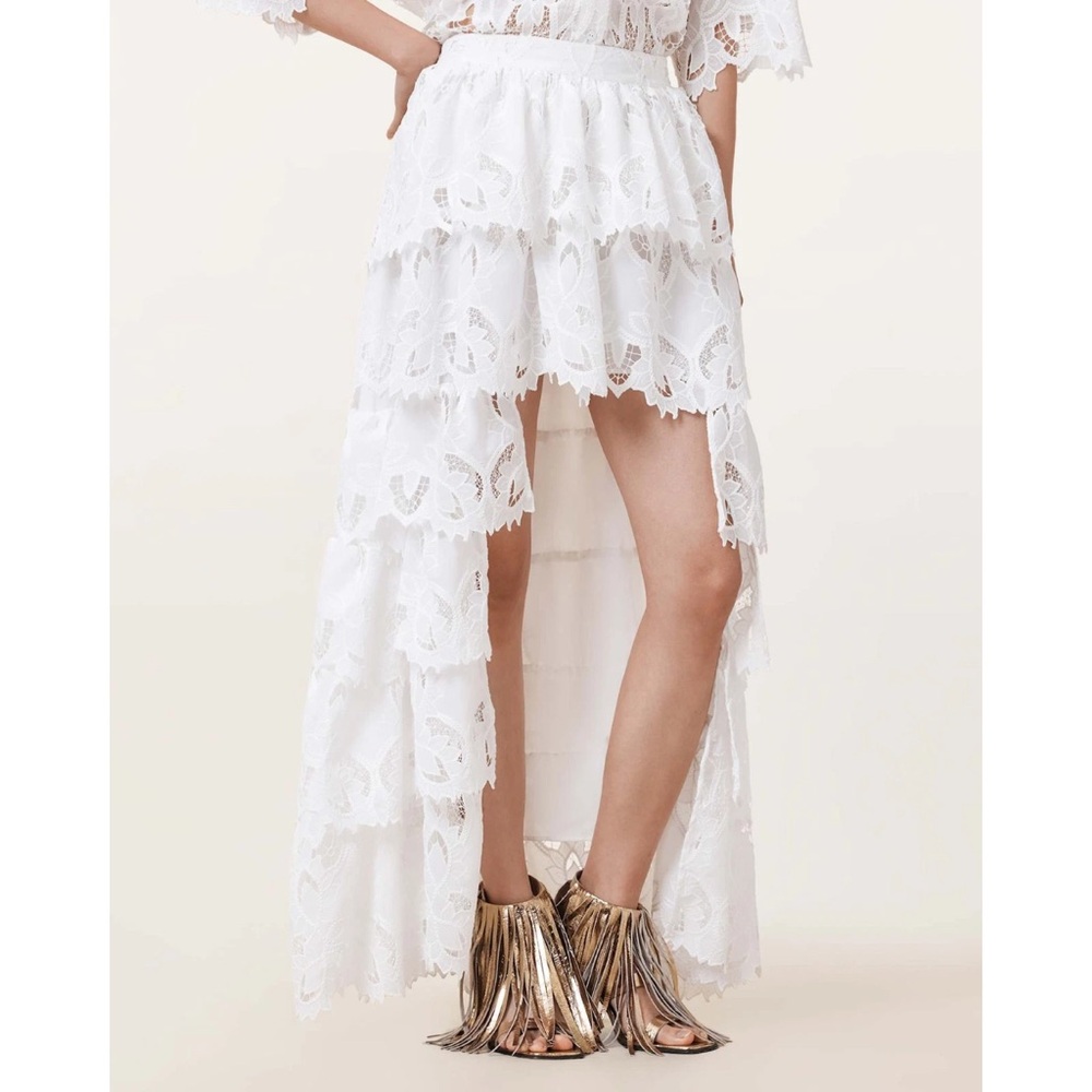 $379 AllSaints Cavarly Embroidered Tiered High Low Maxi Skirt Snow White US 0